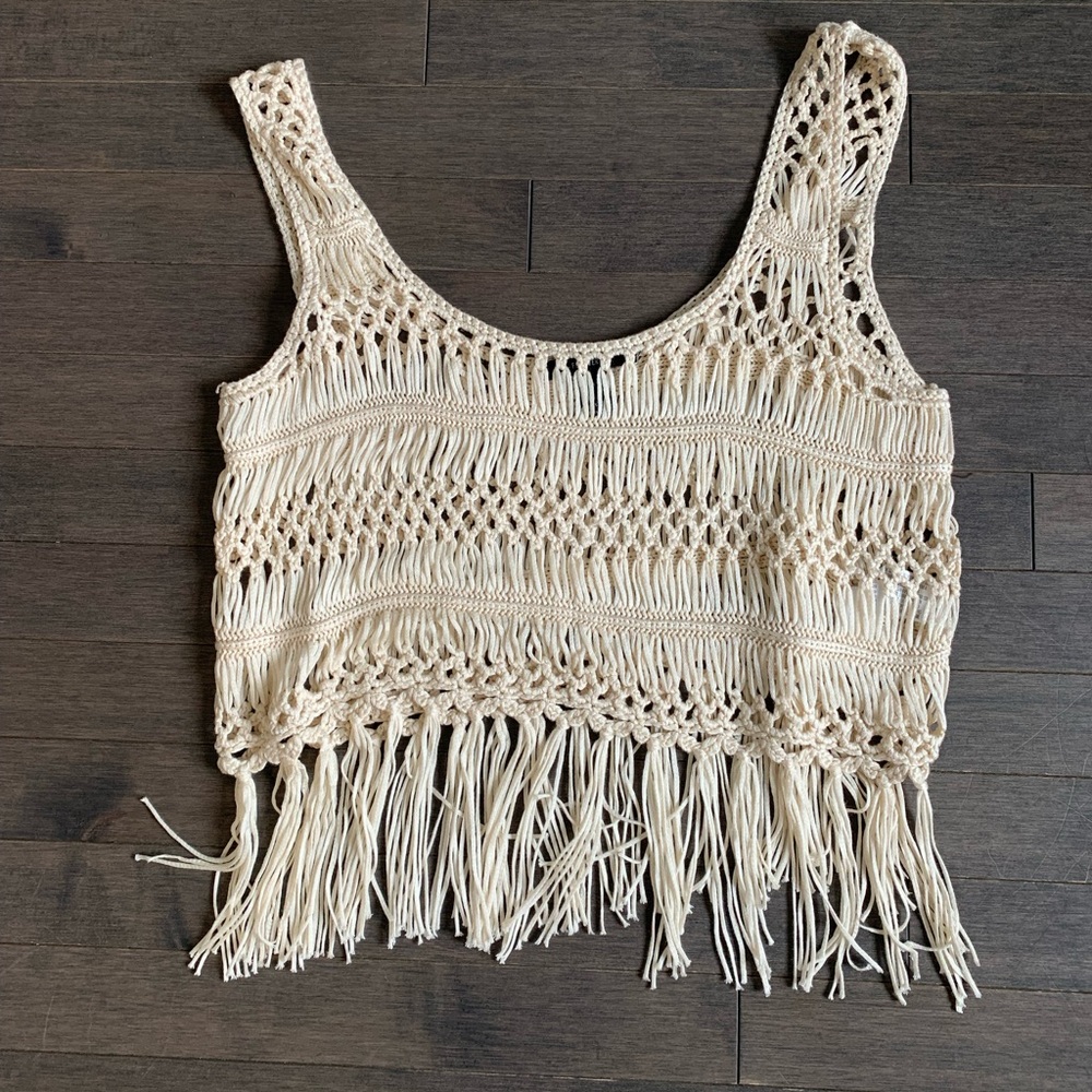 Forever 21 Cream Crochet Fringe Crop Top